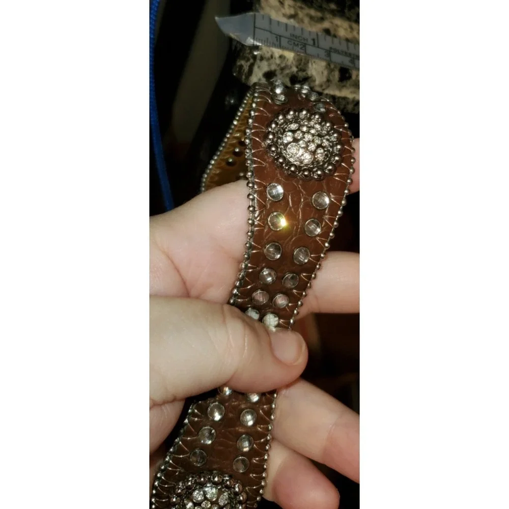 Vintage Nocona Brown Leather Belt 28 Conchos Rhinestones Studded Rockstar